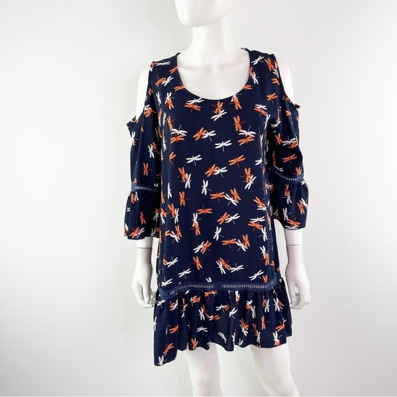 Yak & Yeti Women's Navy Blue Cold Shoulder Tunic Dress DRAGONFLY Print Size L - Picture 1 of 11